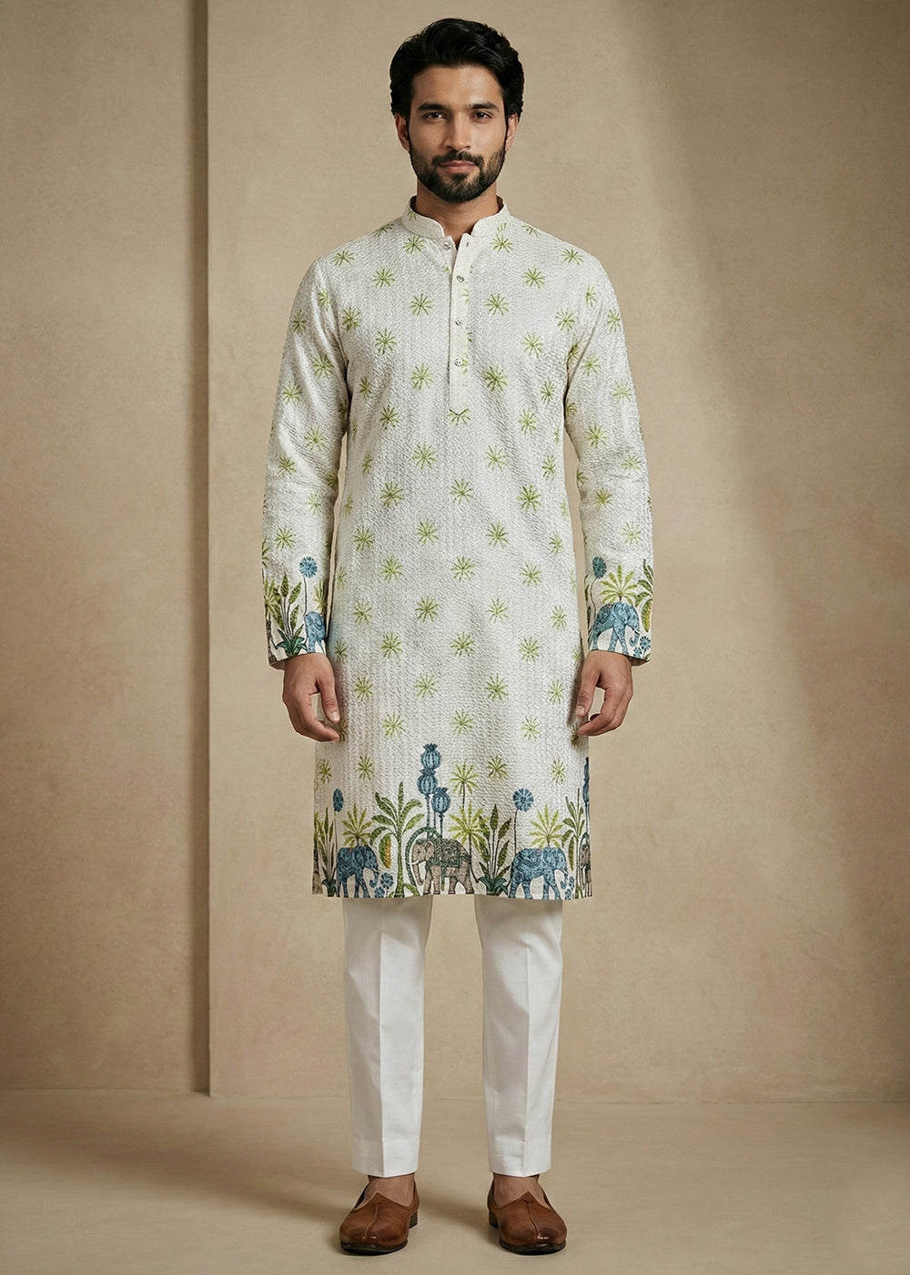 Tea Green Elephant Garden Printed Kurta Pajama Set