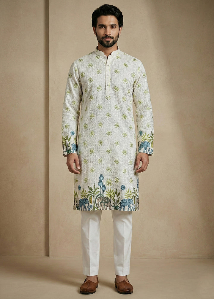 Tea Green Elephant Garden Printed Kurta Pajama Set
