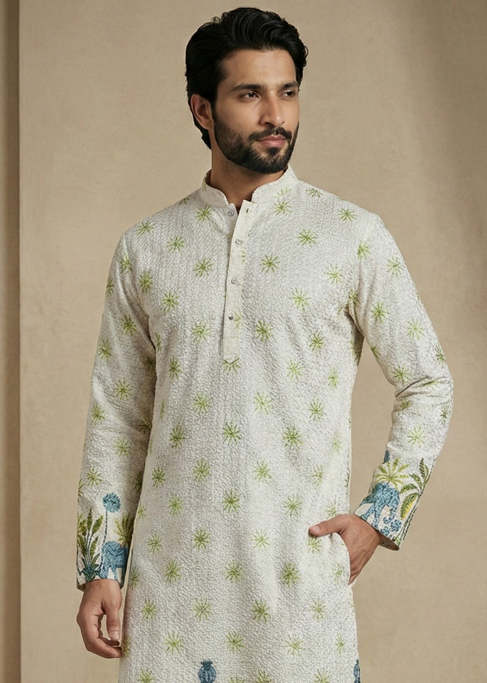 Tea Green Elephant Garden Printed Kurta Pajama Set