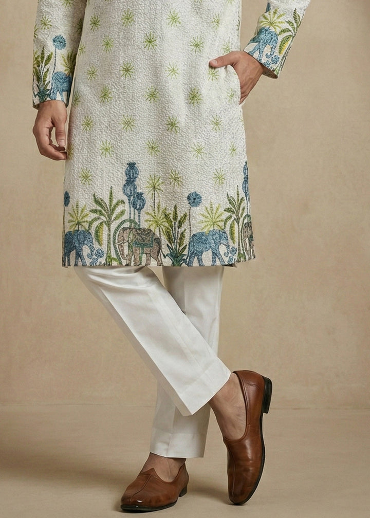 Tea Green Elephant Garden Printed Kurta Pajama Set
