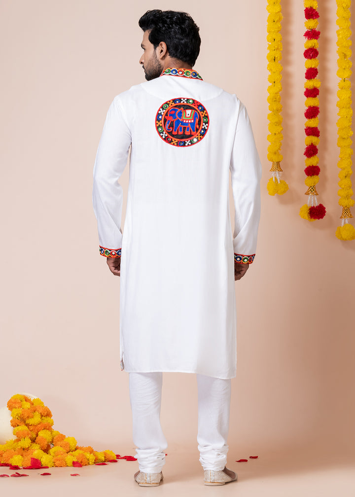 White Heritage Collection Heavy Rayon Kurta Pyjama with Divine Elephant Back Embroidery