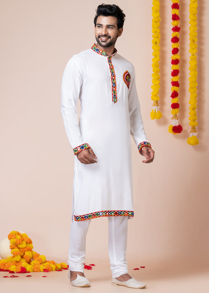 White Heritage Collection Heavy Rayon Kurta Pyjama with Divine Elephant Back Embroidery