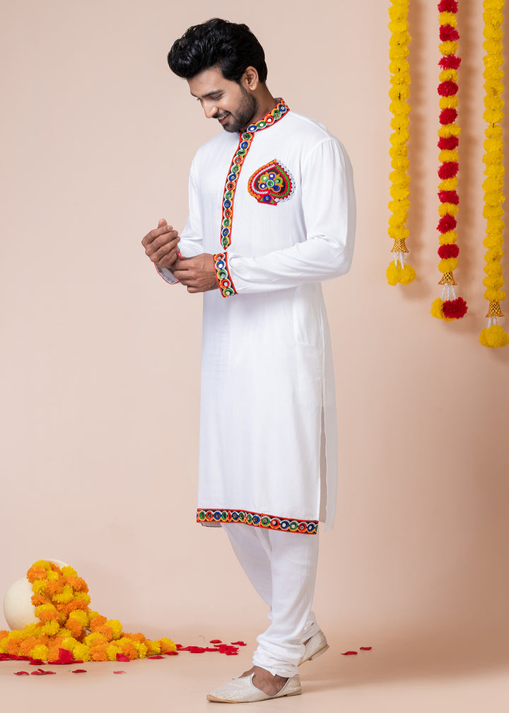 White Heritage Collection Heavy Rayon Kurta Pyjama with Divine Elephant Back Embroidery