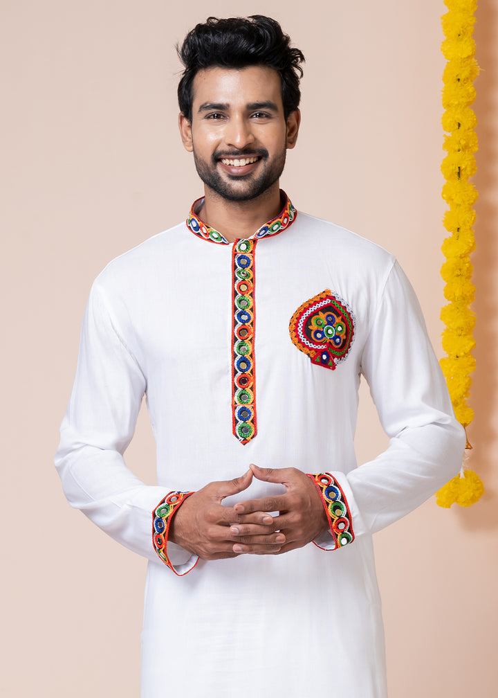 White Heritage Collection Heavy Rayon Kurta Pyjama with Divine Elephant Back Embroidery
