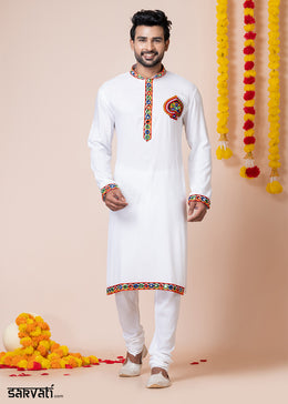 White Heritage Collection Heavy Rayon Kurta Pyjama with Divine Elephant Back Embroidery