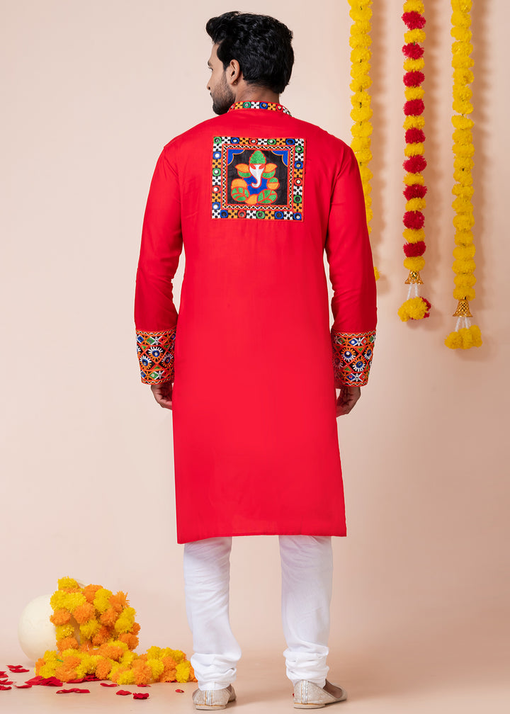 Red Heritage Collection Heavy Rayon Kurta Pyjama with Divine Ganpati Back Embroidery