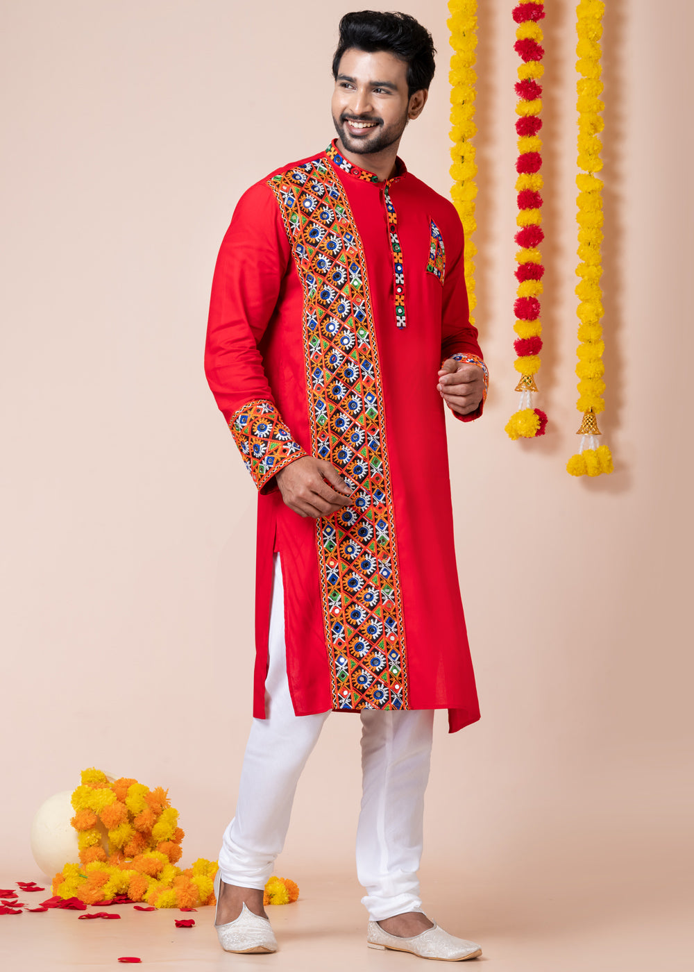 Red Heritage Collection Heavy Rayon Kurta Pyjama with Divine Ganpati Back Embroidery