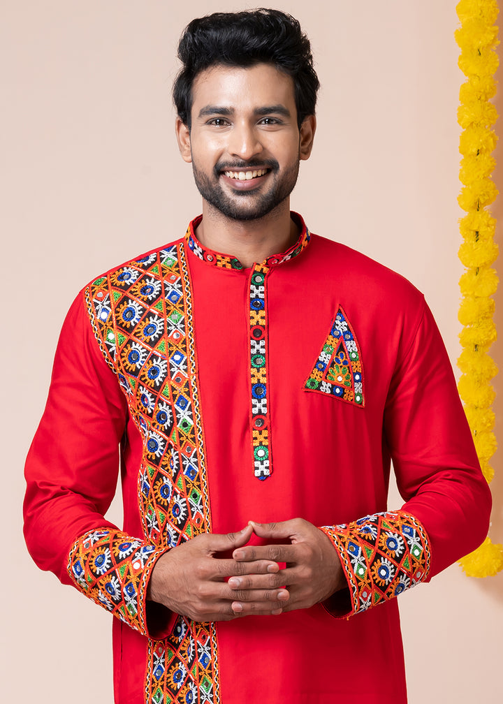 Red Heritage Collection Heavy Rayon Kurta Pyjama with Divine Ganpati Back Embroidery