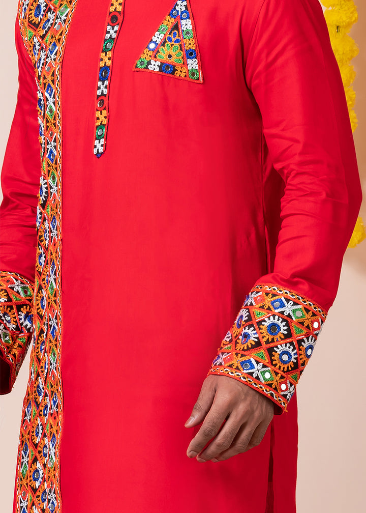 Red Heritage Collection Heavy Rayon Kurta Pyjama with Divine Ganpati Back Embroidery