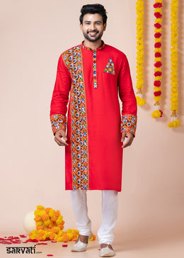 Red Heritage Collection Heavy Rayon Kurta Pyjama with Divine Ganpati Back Embroidery