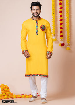 Sunglow Yellow Heritage Collection Heavy Rayon Kurta Pyjama with Divine Elephant Back Embroidery