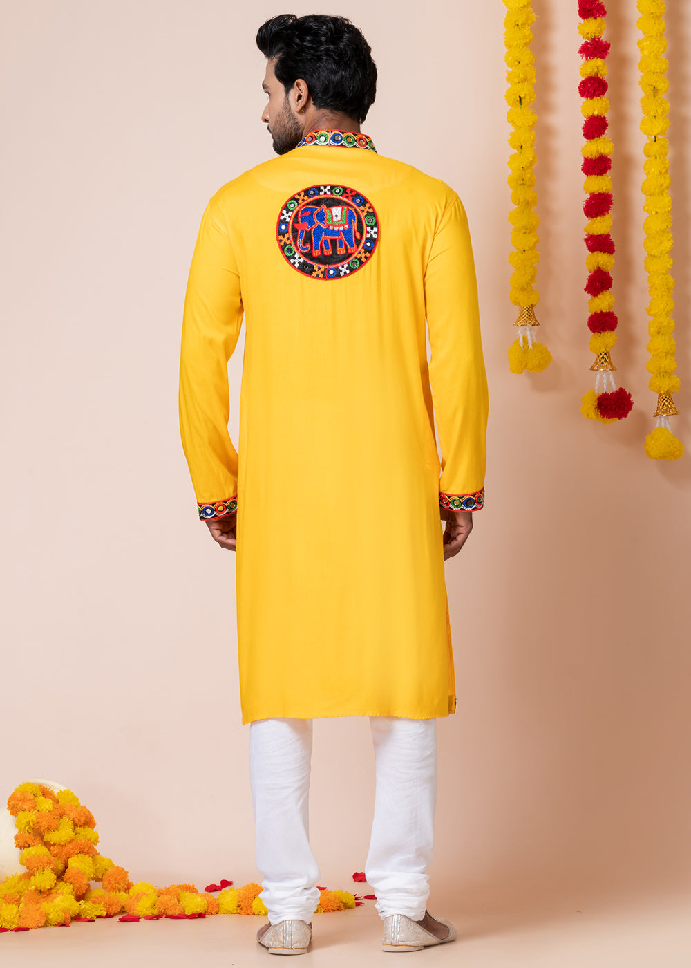 Sunglow Yellow Heritage Collection Heavy Rayon Kurta Pyjama with Divine Elephant Back Embroidery