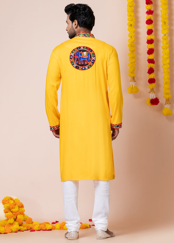Sunglow Yellow Heritage Collection Heavy Rayon Kurta Pyjama with Divine Elephant Back Embroidery