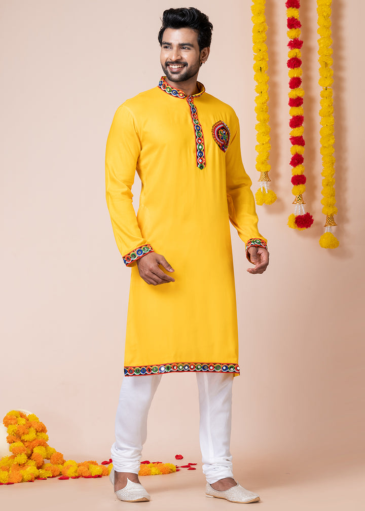 Sunglow Yellow Heritage Collection Heavy Rayon Kurta Pyjama with Divine Elephant Back Embroidery