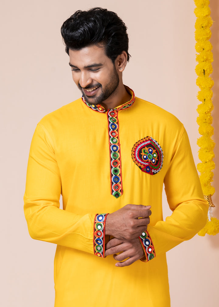 Sunglow Yellow Heritage Collection Heavy Rayon Kurta Pyjama with Divine Elephant Back Embroidery