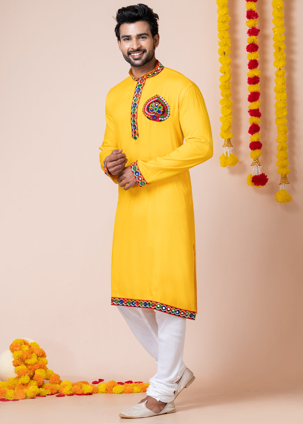 Sunglow Yellow Heritage Collection Heavy Rayon Kurta Pyjama with Divine Elephant Back Embroidery