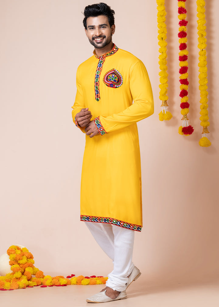 Sunglow Yellow Heritage Collection Heavy Rayon Kurta Pyjama with Divine Elephant Back Embroidery