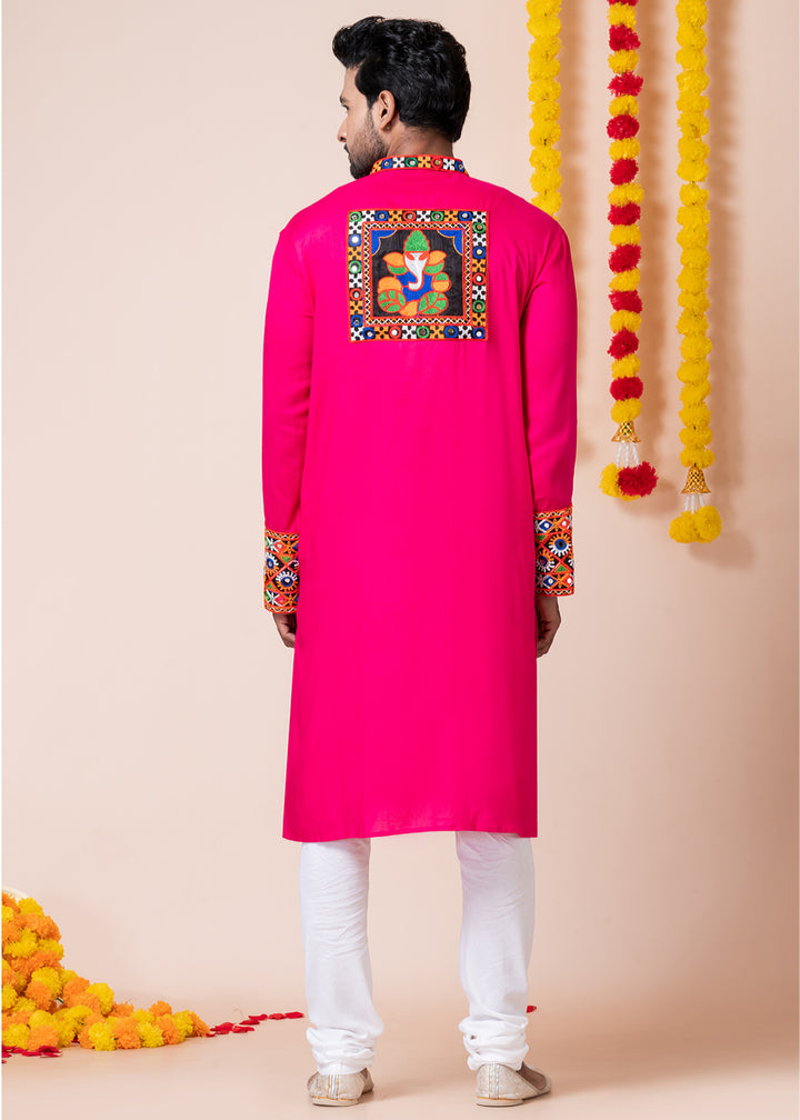 Hot Pink Heritage Collection Heavy Rayon Kurta Pyjama with Divine Ganesh Back Embroidery