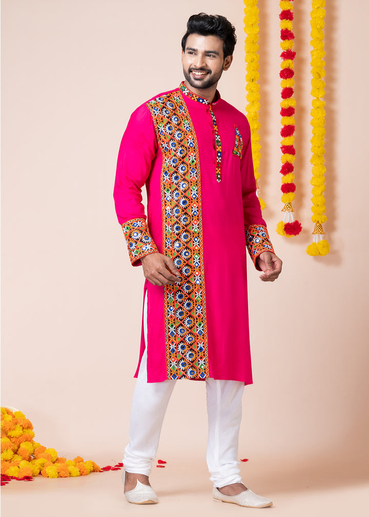 Hot Pink Heritage Collection Heavy Rayon Kurta Pyjama with Divine Ganesh Back Embroidery