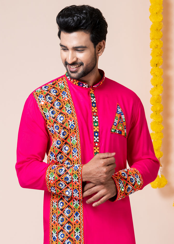 Hot Pink Heritage Collection Heavy Rayon Kurta Pyjama with Divine Ganesh Back Embroidery