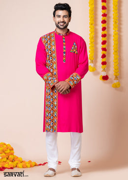 Hot Pink Heritage Collection Heavy Rayon Kurta Pyjama with Divine Ganesh Back Embroidery