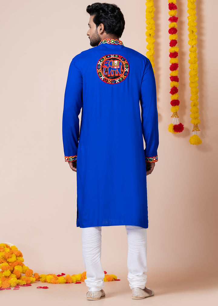 Blue Heritage Collection Heavy Rayon Kurta Pyjama with Divine Elephant Back Embroidery