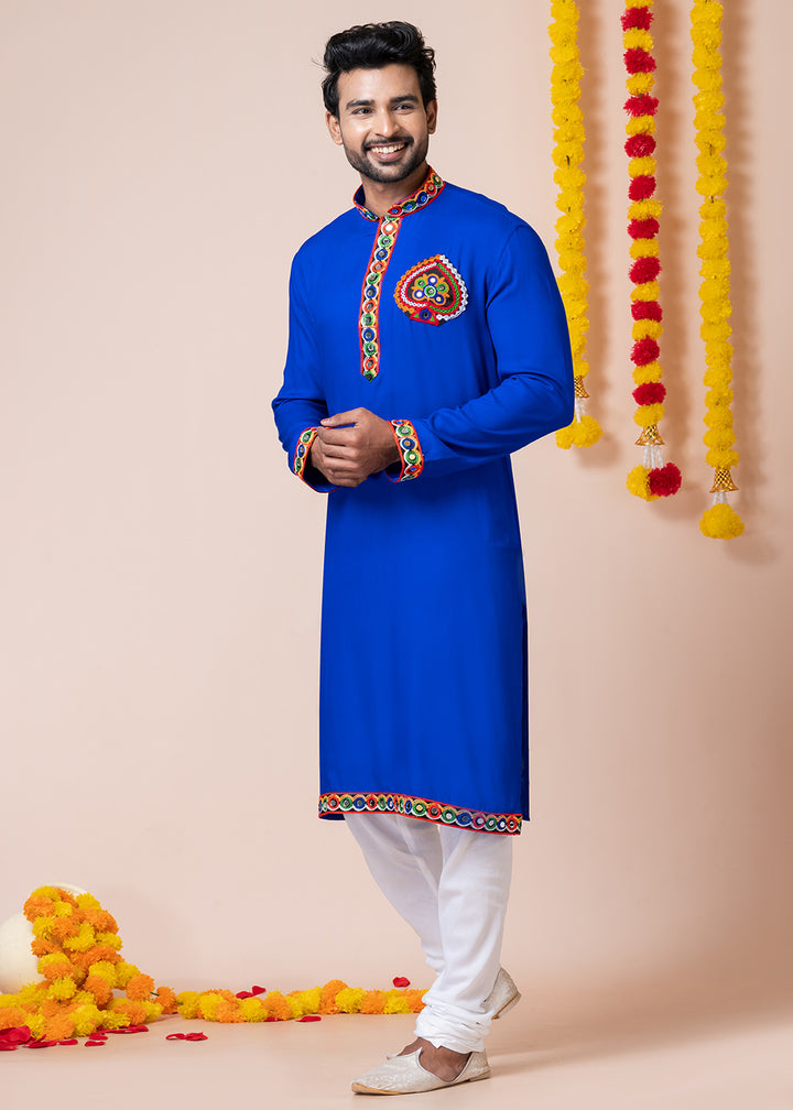 Blue Heritage Collection Heavy Rayon Kurta Pyjama with Divine Elephant Back Embroidery