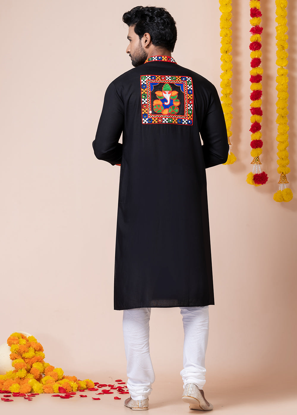 Sable Black Heritage Collection Heavy Rayon Kurta Pyjama with Divine Ganesh Back Embroidery