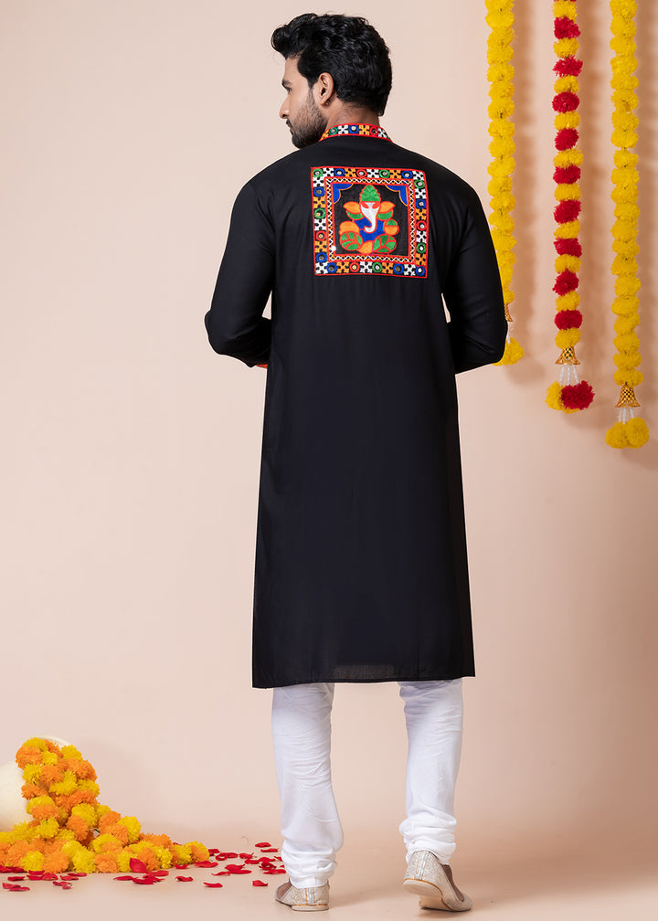 Sable Black Heritage Collection Heavy Rayon Kurta Pyjama with Divine Ganesh Back Embroidery