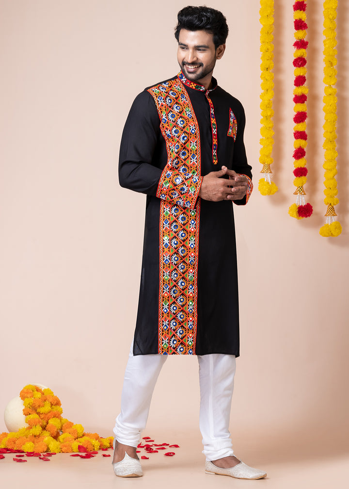 Sable Black Heritage Collection Heavy Rayon Kurta Pyjama with Divine Ganesh Back Embroidery