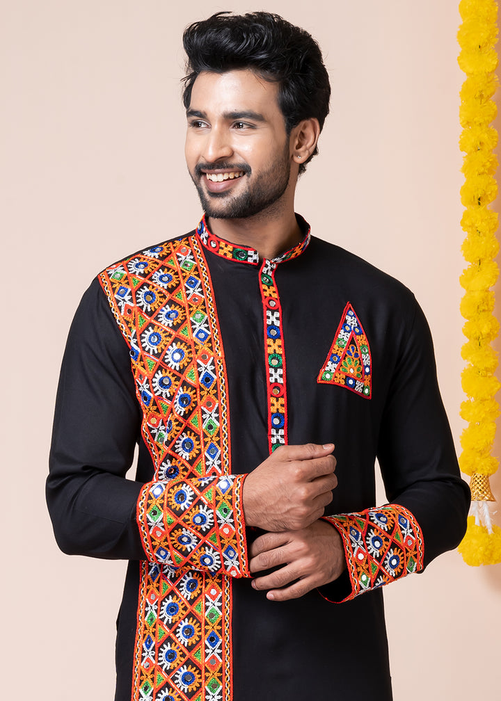 Sable Black Heritage Collection Heavy Rayon Kurta Pyjama with Divine Ganesh Back Embroidery