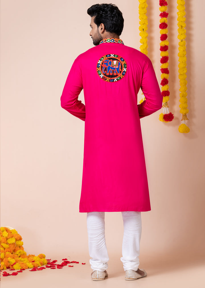 Hot Pink Heritage Collection Heavy Rayon Kurta Pyjama with Elephant Back Embroidery &amp; Multicolor Border Detailing