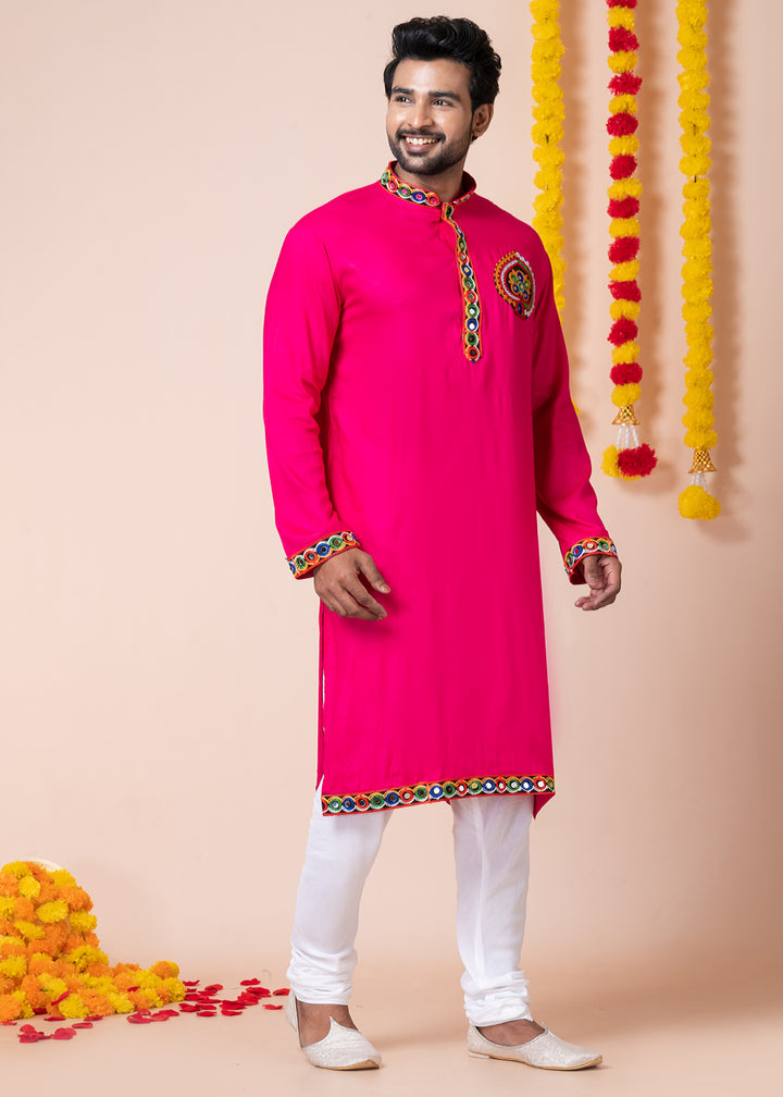 Hot Pink Heritage Collection Heavy Rayon Kurta Pyjama with Elephant Back Embroidery &amp; Multicolor Border Detailing