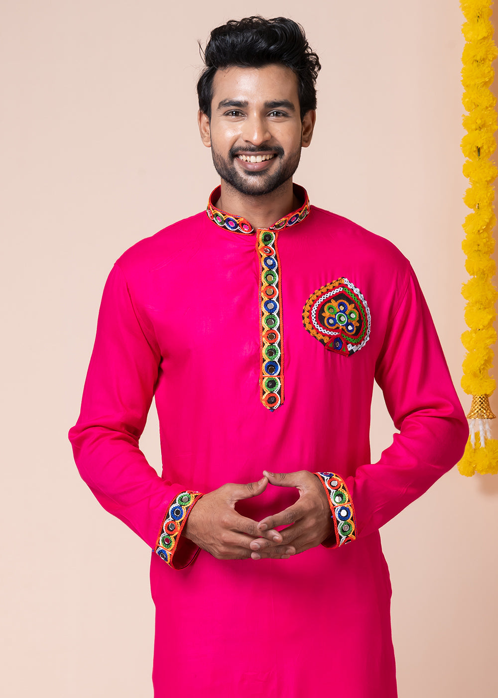 Hot Pink Heritage Collection Heavy Rayon Kurta Pyjama with Elephant Back Embroidery &amp; Multicolor Border Detailing