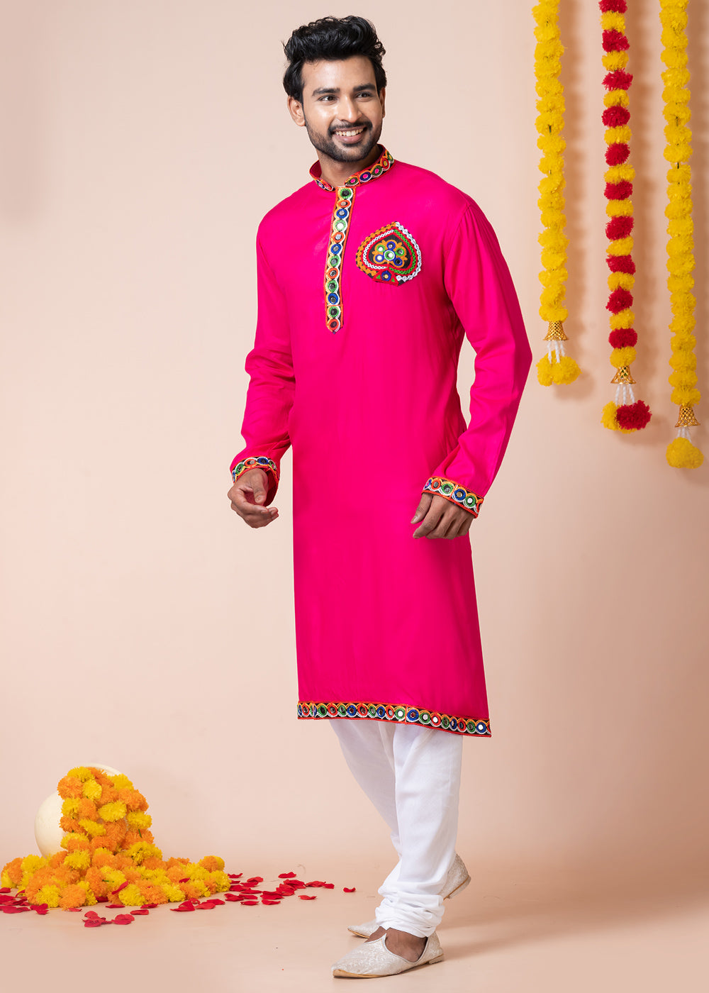 Hot Pink Heritage Collection Heavy Rayon Kurta Pyjama with Elephant Back Embroidery &amp; Multicolor Border Detailing