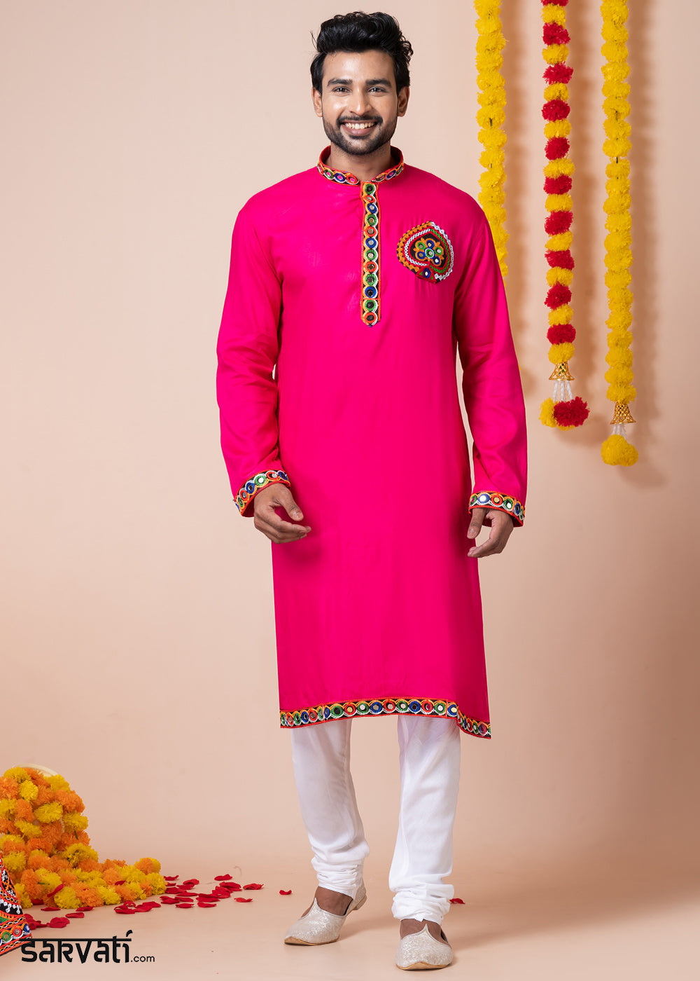 Hot Pink Heritage Collection Heavy Rayon Kurta Pyjama with Elephant Back Embroidery &amp; Multicolor Border Detailing