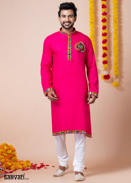 Hot Pink Heritage Collection Heavy Rayon Kurta Pyjama with Elephant Back Embroidery & Multicolor Border Detailing