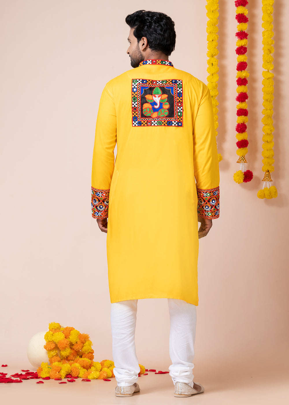 Sunglow Yellow Heritage Collection Heavy Rayon Kurta Pyjama with Divine Ganesh Back Embroidery & Multicolor Border Detailing