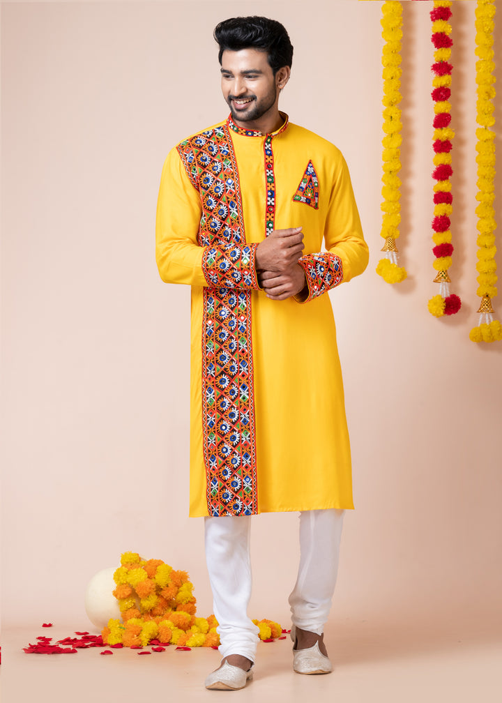 Sunglow Yellow Heritage Collection Heavy Rayon Kurta Pyjama with Divine Ganesh Back Embroidery &amp; Multicolor Border Detailing