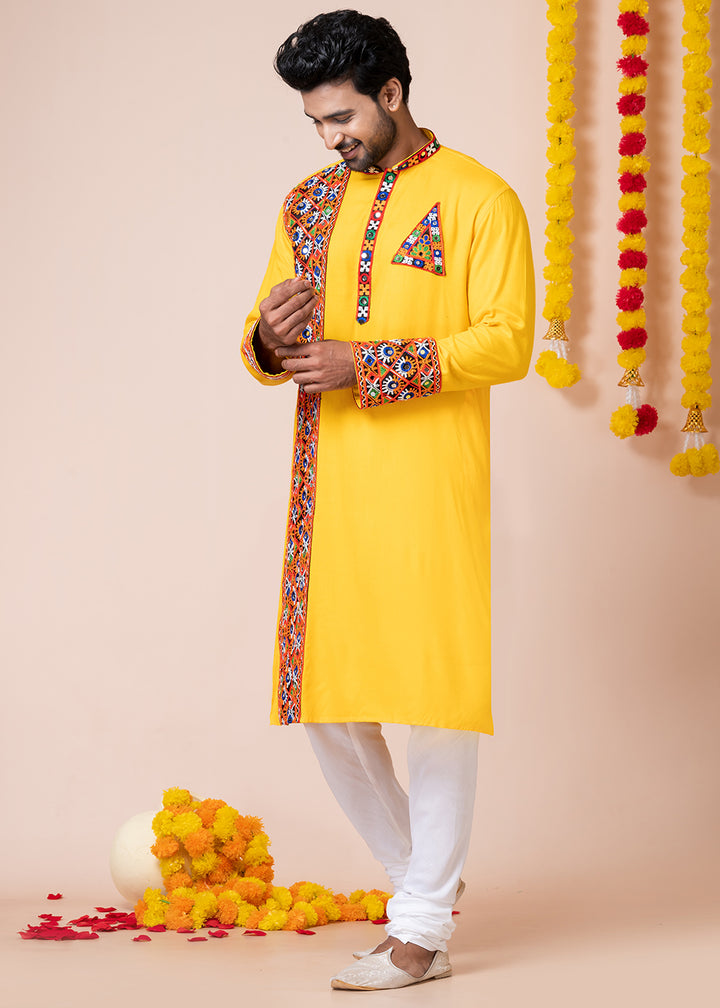 Sunglow Yellow Heritage Collection Heavy Rayon Kurta Pyjama with Divine Ganesh Back Embroidery &amp; Multicolor Border Detailing