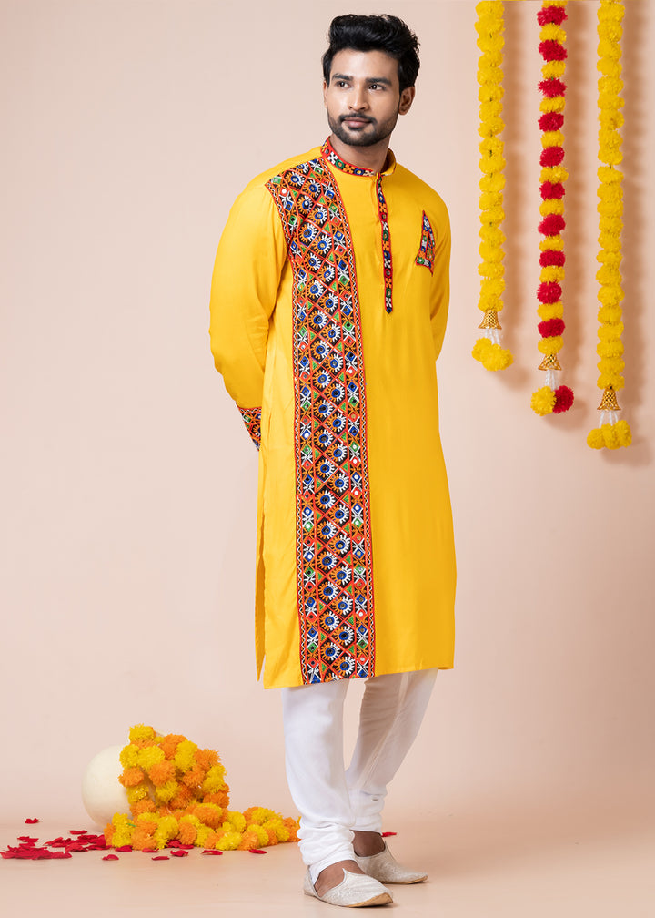 Sunglow Yellow Heritage Collection Heavy Rayon Kurta Pyjama with Divine Ganesh Back Embroidery &amp; Multicolor Border Detailing