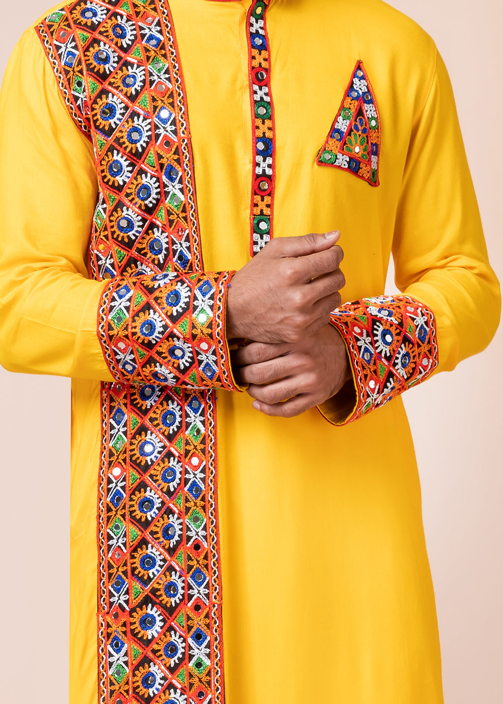 Sunglow Yellow Heritage Collection Heavy Rayon Kurta Pyjama with Divine Ganesh Back Embroidery &amp; Multicolor Border Detailing
