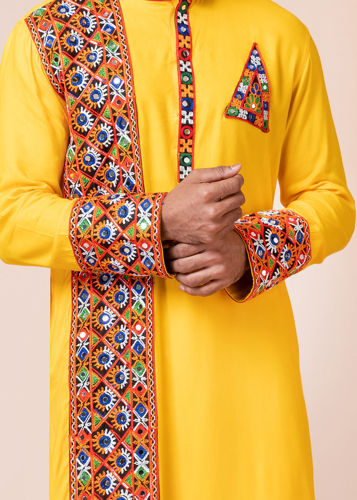 Sunglow Yellow Heritage Collection Heavy Rayon Kurta Pyjama with Divine Ganesh Back Embroidery &amp; Multicolor Border Detailing