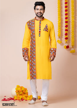 Sunglow Yellow Heritage Collection Heavy Rayon Kurta Pyjama with Divine Ganesh Back Embroidery & Multicolor Border Detailing
