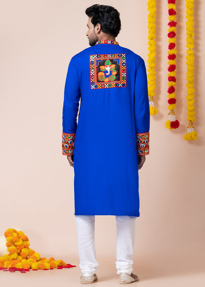 Blue Heritage Collection Heavy Rayon Kurta Pyjama with Divine Ganesh Back Embroidery &amp; Multicolor Border Detailing