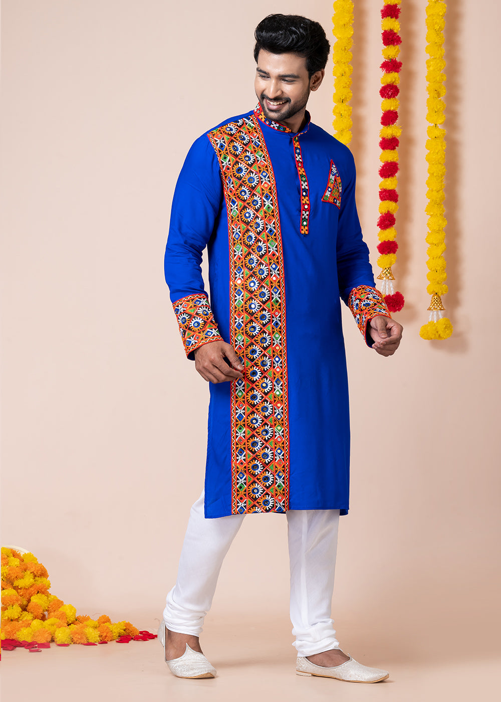 Blue Heritage Collection Heavy Rayon Kurta Pyjama with Divine Ganesh Back Embroidery &amp; Multicolor Border Detailing