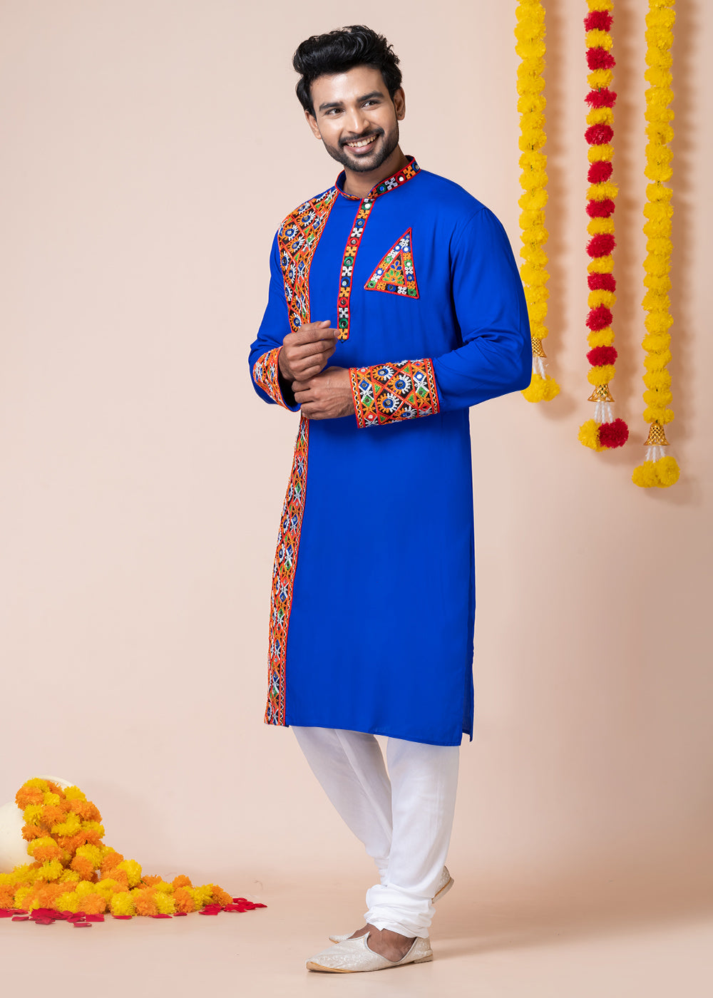 Blue Heritage Collection Heavy Rayon Kurta Pyjama with Divine Ganesh Back Embroidery &amp; Multicolor Border Detailing