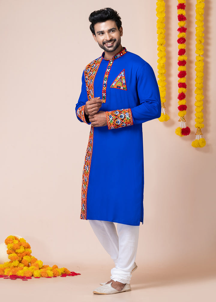 Blue Heritage Collection Heavy Rayon Kurta Pyjama with Divine Ganesh Back Embroidery &amp; Multicolor Border Detailing