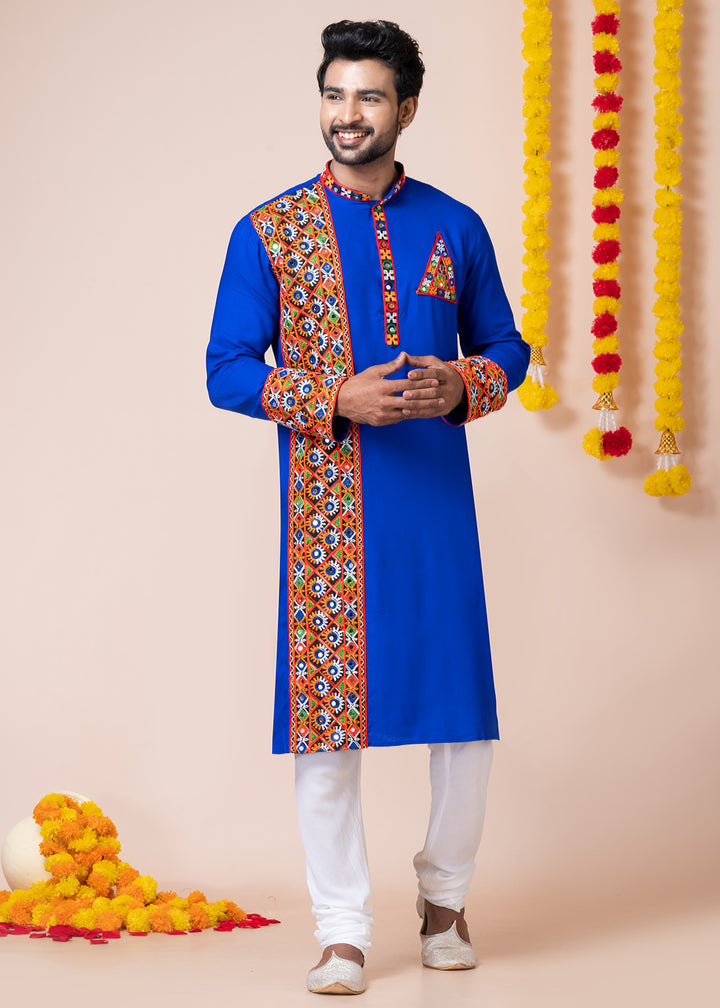 Blue Heritage Collection Heavy Rayon Kurta Pyjama with Divine Ganesh Back Embroidery &amp; Multicolor Border Detailing