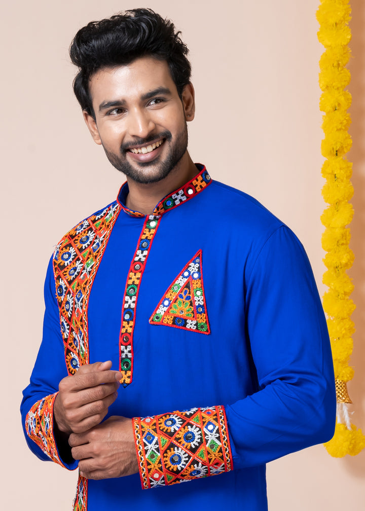 Blue Heritage Collection Heavy Rayon Kurta Pyjama with Divine Ganesh Back Embroidery &amp; Multicolor Border Detailing
